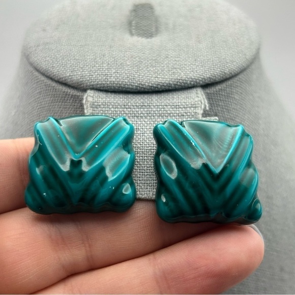 Vintage Large Statement Teal Blue Textured Puffy Square Stud Earrings Unique - Picture 2 of 8